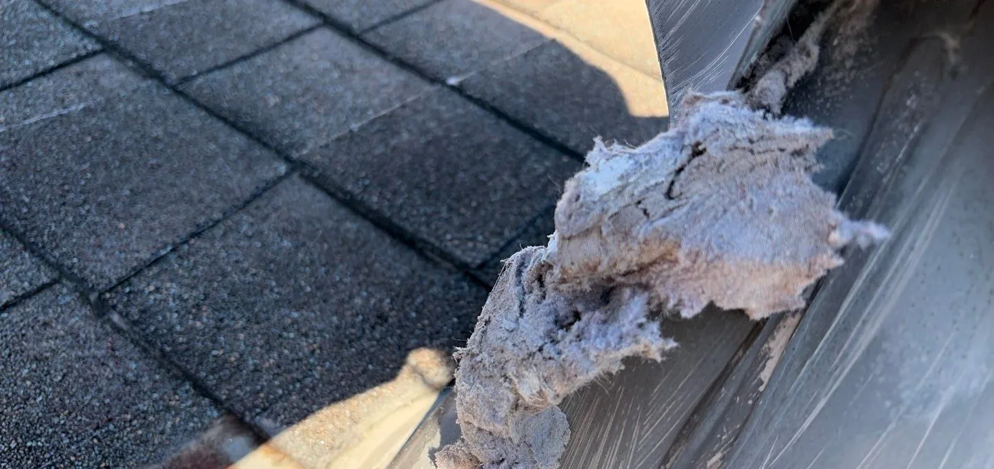 Thick gray dryer lint packed inside a roof exhaust cap next to the shingles